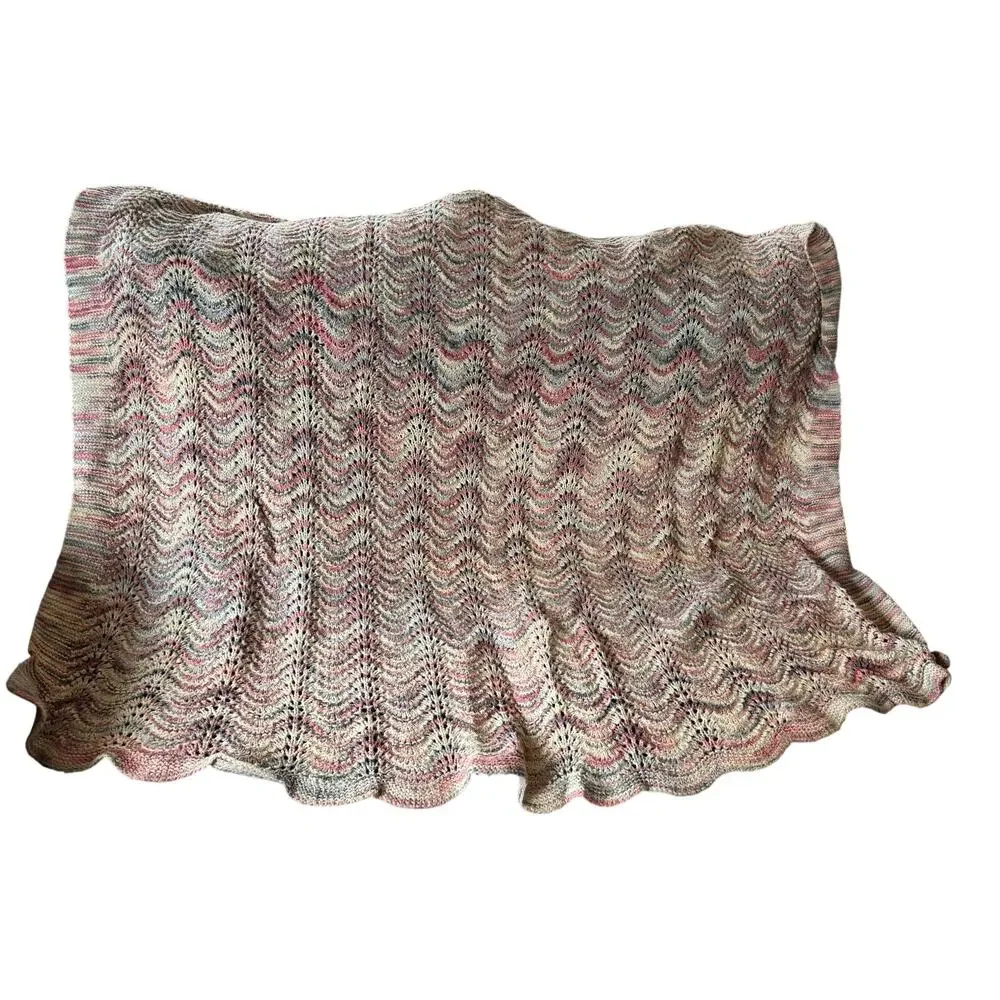 Handmade Crochet Knit Afghan Throw Blanket Pinks Cream Gray Ripple Wave Pattern